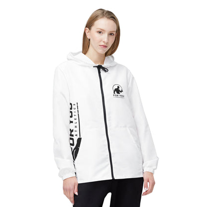 Minimal White Windbreaker Jacket with Vertical 'For You Athletics' Side Print