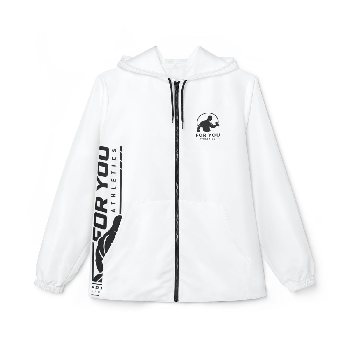 Minimal White Windbreaker Jacket with Vertical 'For You Athletics' Side Print
