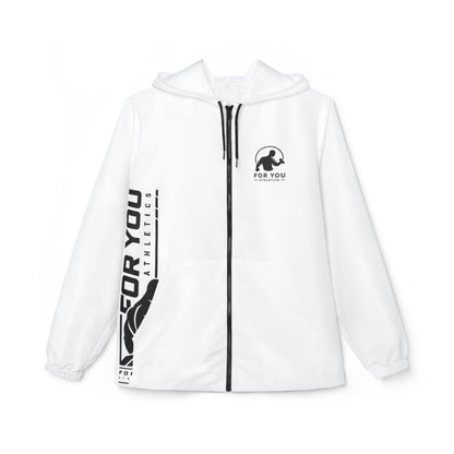 Minimal White Windbreaker Jacket with Vertical 'For You Athletics' Side Print