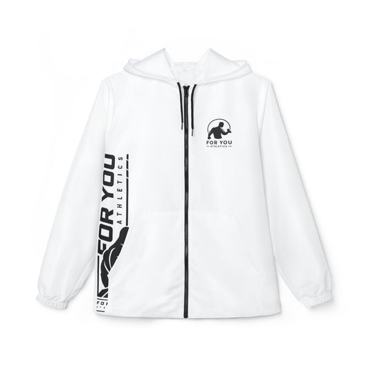 Minimal White Windbreaker Jacket with Vertical 'For You Athletics' Side Print